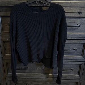 Black Distressed Ribbed Knit Sweater